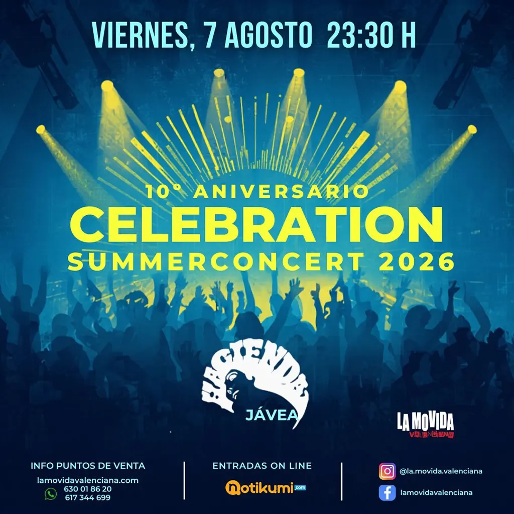 Cartel del 10º Aniversario Celebration Summer Concert en Hacienda Javea con La Movida Valenciana, viernes 7 de agosto de 2026.